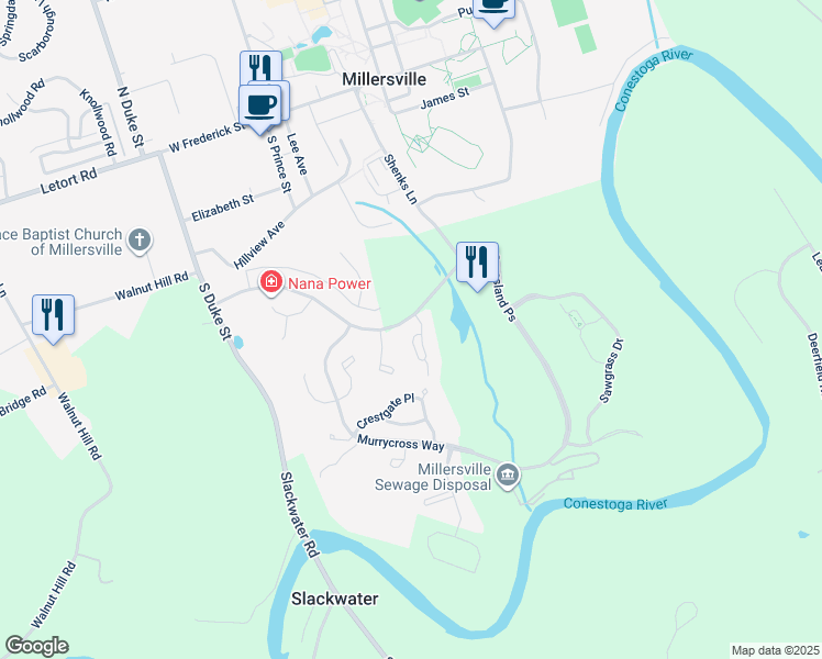 map of restaurants, bars, coffee shops, grocery stores, and more near 107 Creekgate Court in Millersville