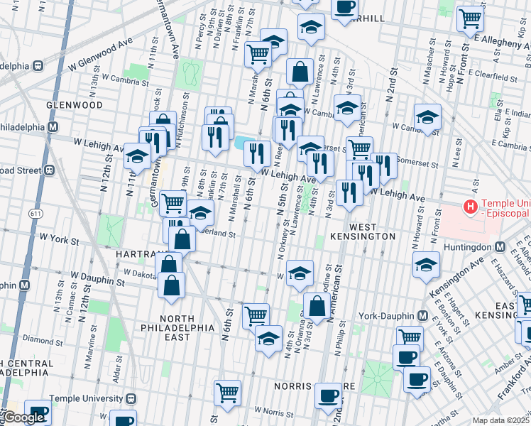 map of restaurants, bars, coffee shops, grocery stores, and more near 2562 North Reese Street in Philadelphia