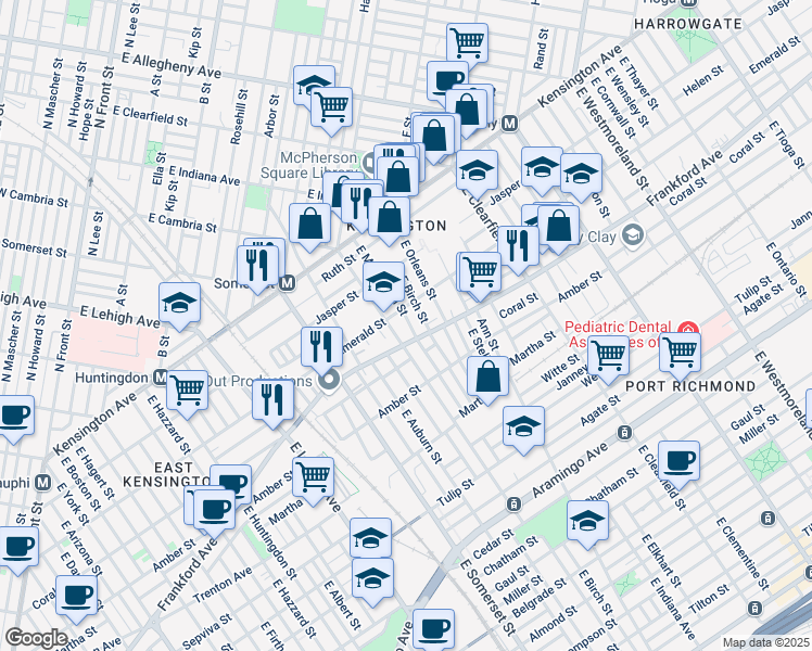 map of restaurants, bars, coffee shops, grocery stores, and more near 2020 East Monmouth Street in Philadelphia