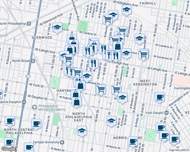 map of restaurants, bars, coffee shops, grocery stores, and more near 2537 North 7th Street in Philadelphia
