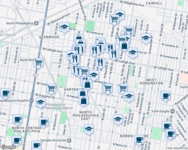 map of restaurants, bars, coffee shops, grocery stores, and more near 2515 North 8th Street in Philadelphia