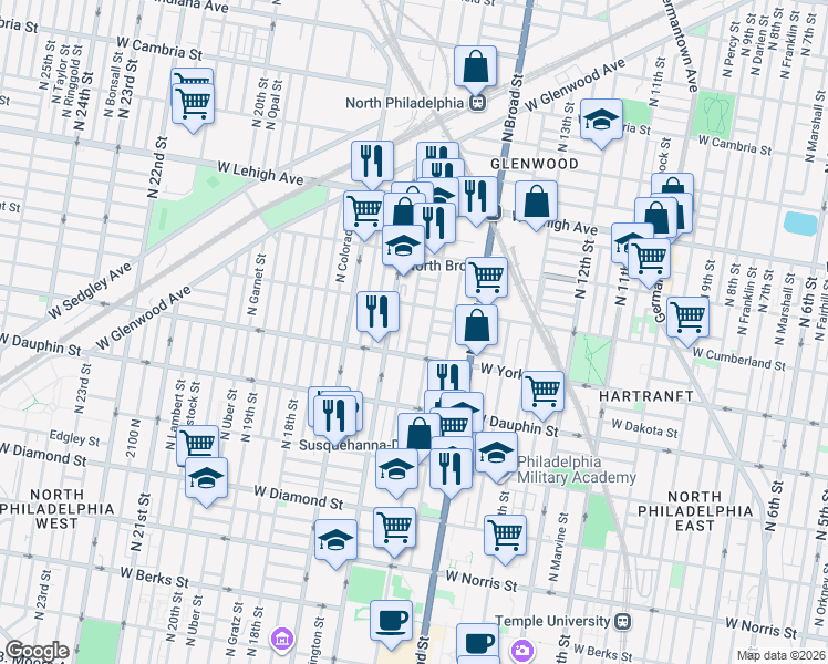 map of restaurants, bars, coffee shops, grocery stores, and more near 1508 West Boston Street in Philadelphia