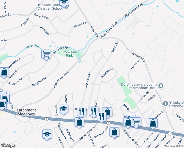 map of restaurants, bars, coffee shops, grocery stores, and more near 113 Rockwood Road in Newtown Square