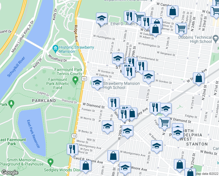 map of restaurants, bars, coffee shops, grocery stores, and more near 3033 West Colona Street in Philadelphia