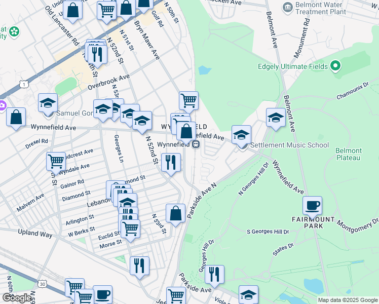 map of restaurants, bars, coffee shops, grocery stores, and more near 2201 Bryn Mawr Avenue in Philadelphia