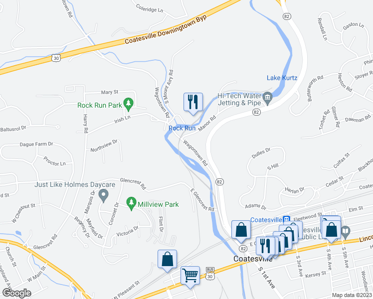 map of restaurants, bars, coffee shops, grocery stores, and more near 917 Wagontown Road in Coatesville