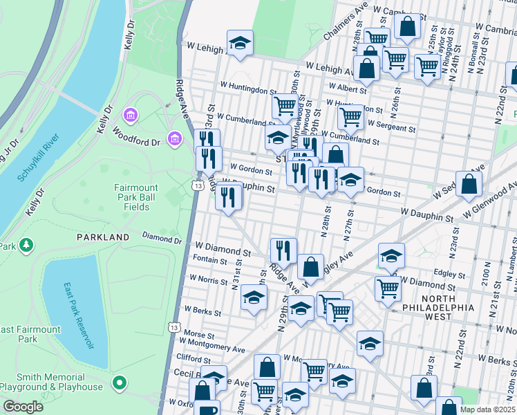 map of restaurants, bars, coffee shops, grocery stores, and more near 3033 West Colona Street in Philadelphia