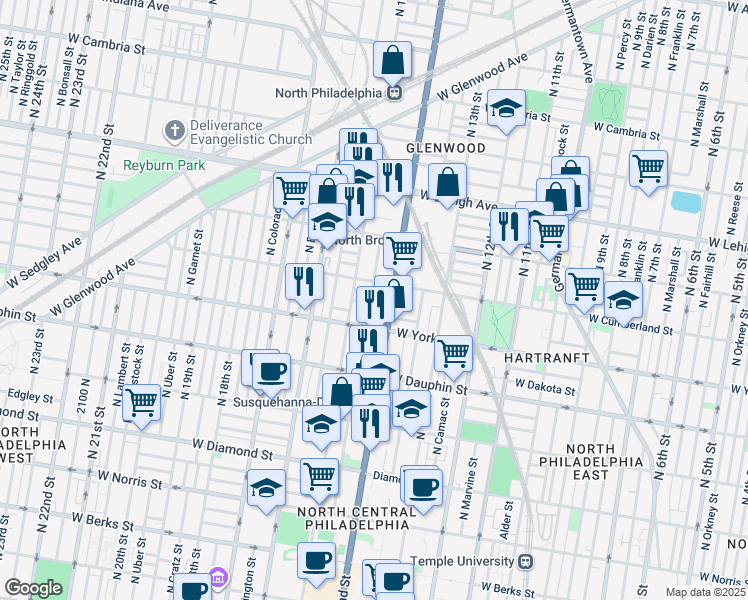map of restaurants, bars, coffee shops, grocery stores, and more near 2433 North Carlisle Street in Philadelphia