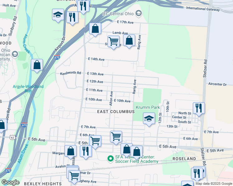 map of restaurants, bars, coffee shops, grocery stores, and more near 2959 East 11th Avenue in Columbus