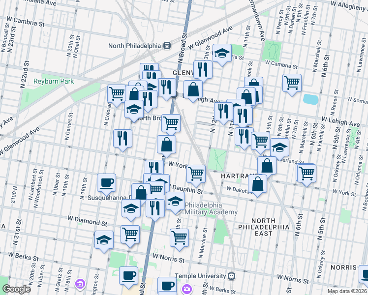 map of restaurants, bars, coffee shops, grocery stores, and more near 2416 North Park Avenue in Philadelphia