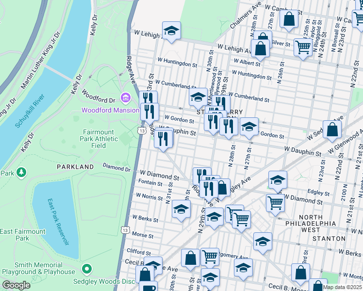 map of restaurants, bars, coffee shops, grocery stores, and more near 3045 West Colona Street in Philadelphia