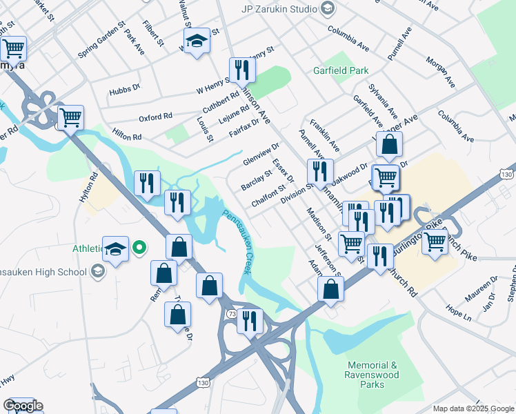 map of restaurants, bars, coffee shops, grocery stores, and more near 16 Chalfont Street in Cinnaminson