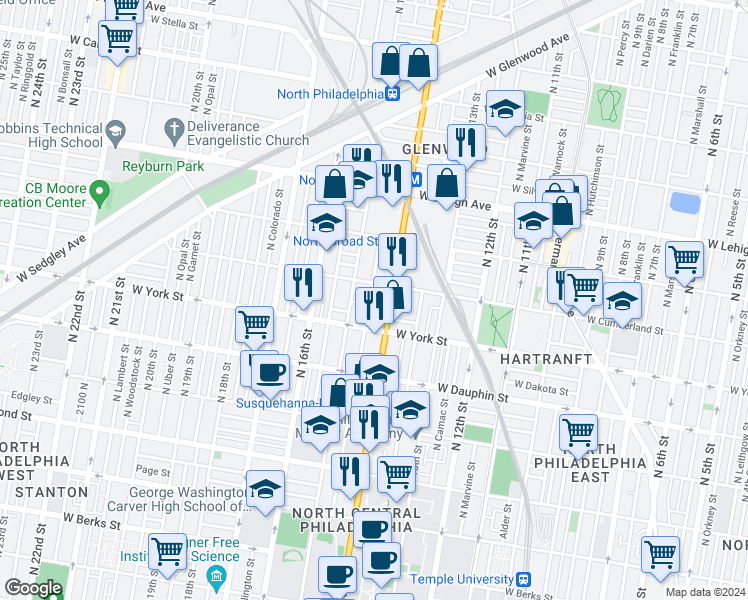 map of restaurants, bars, coffee shops, grocery stores, and more near 2433 North Carlisle Street in Philadelphia