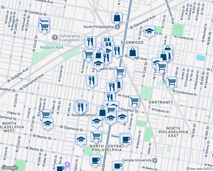 map of restaurants, bars, coffee shops, grocery stores, and more near 2433 North 15th Street in Philadelphia
