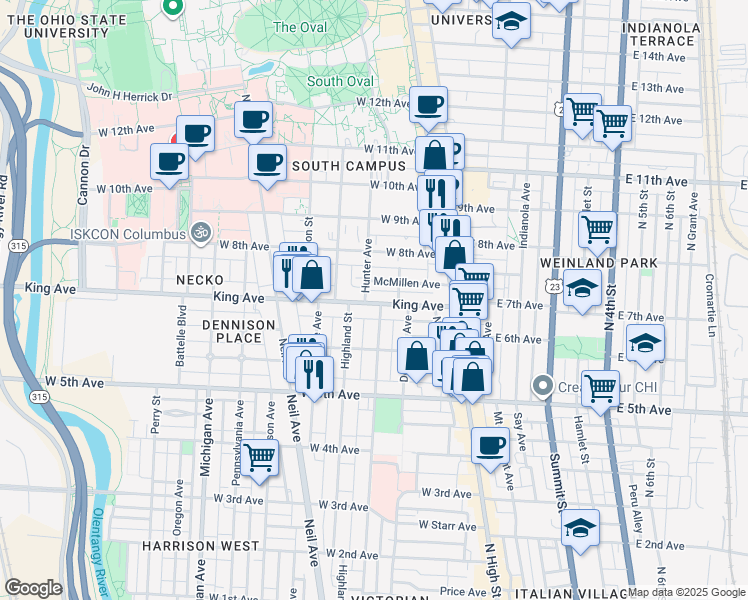 map of restaurants, bars, coffee shops, grocery stores, and more near 137 King Avenue in Columbus