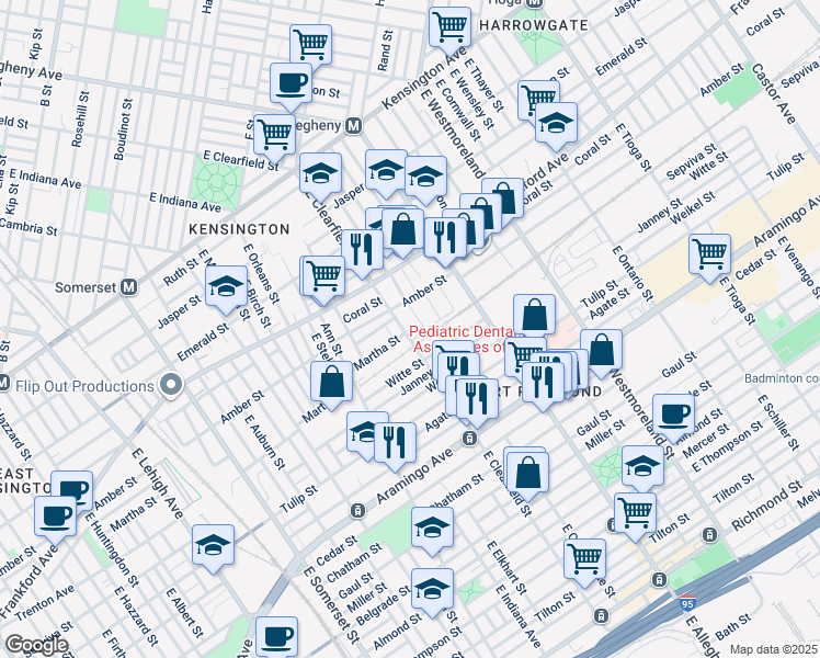 map of restaurants, bars, coffee shops, grocery stores, and more near 2133 East Clearfield Street in Philadelphia