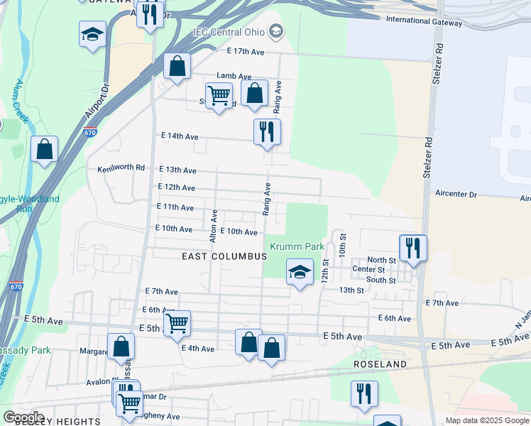 map of restaurants, bars, coffee shops, grocery stores, and more near Rarig Ave & E 11th Ave in Columbus