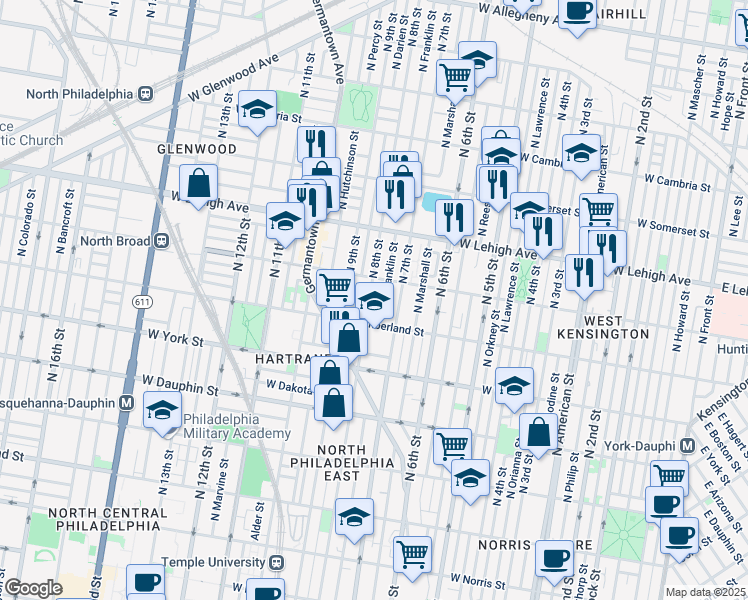 map of restaurants, bars, coffee shops, grocery stores, and more near 2515 North 8th Street in Philadelphia