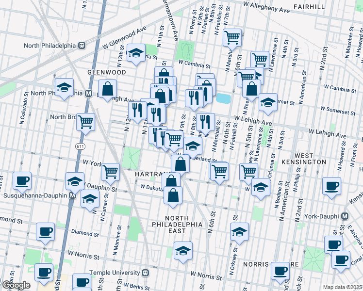 map of restaurants, bars, coffee shops, grocery stores, and more near 2501 Germantown Avenue in Philadelphia