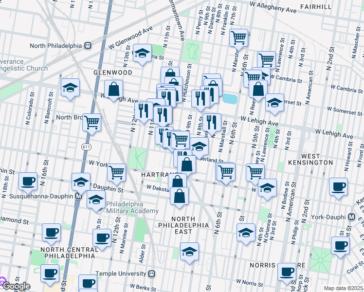 map of restaurants, bars, coffee shops, grocery stores, and more near 2501 Germantown Avenue in Philadelphia