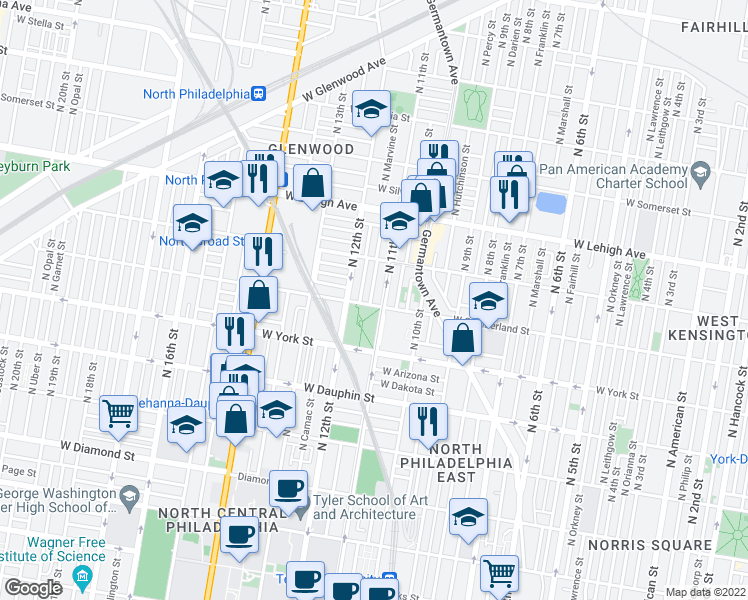map of restaurants, bars, coffee shops, grocery stores, and more near in Philadelphia