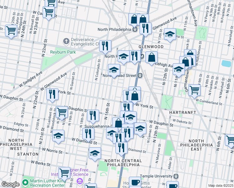 map of restaurants, bars, coffee shops, grocery stores, and more near 1508 West Boston Street in Philadelphia