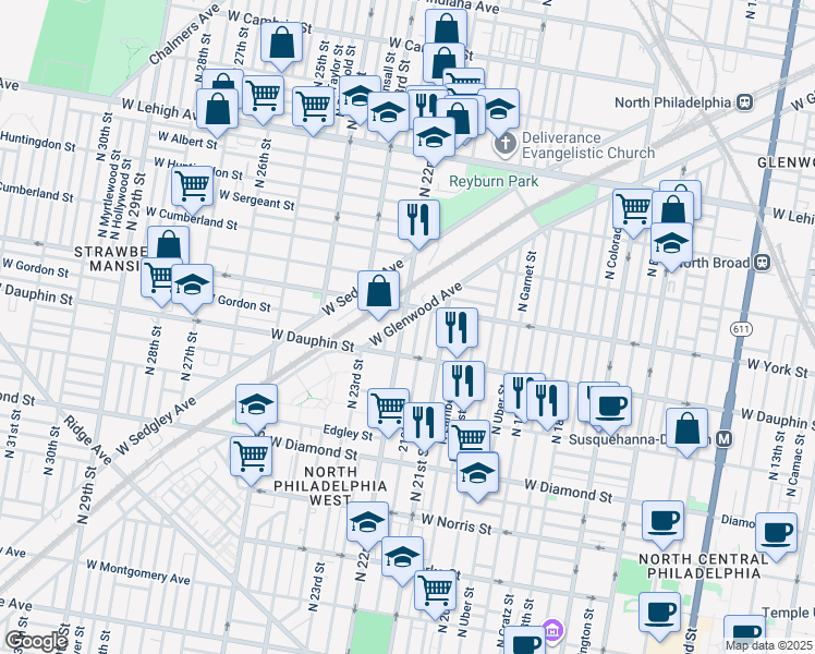map of restaurants, bars, coffee shops, grocery stores, and more near 2337 North 22nd Street in Philadelphia