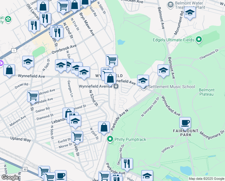 map of restaurants, bars, coffee shops, grocery stores, and more near 2200 Bryn Mawr Avenue in Philadelphia