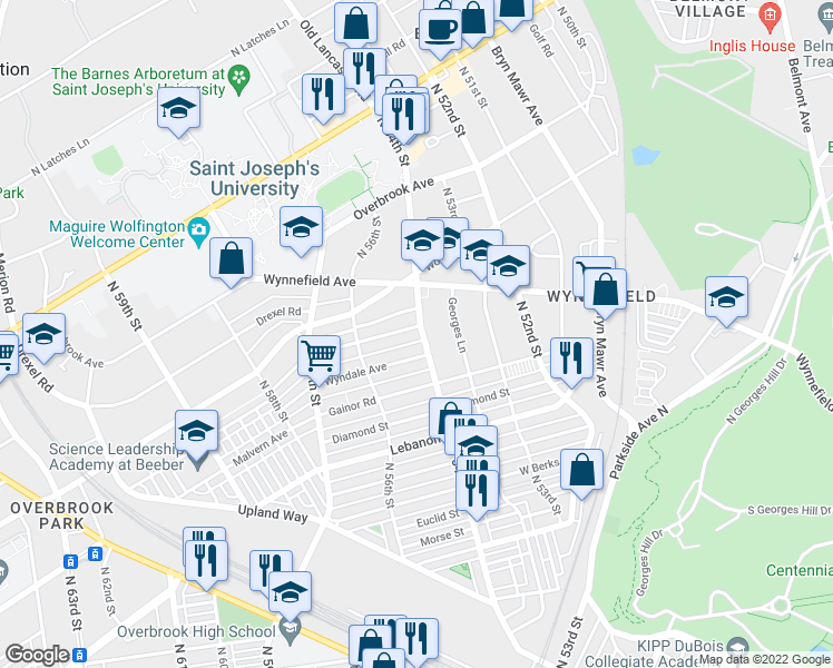 map of restaurants, bars, coffee shops, grocery stores, and more near 5411 Wyndale Avenue in Philadelphia
