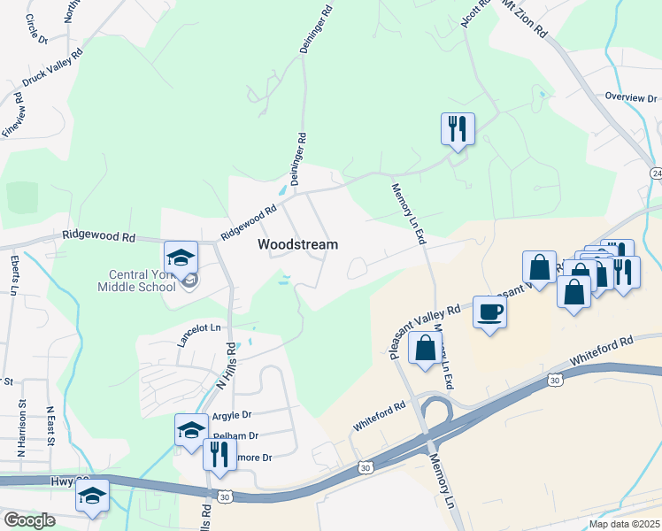 map of restaurants, bars, coffee shops, grocery stores, and more near 1925 Woodstream Drive in York