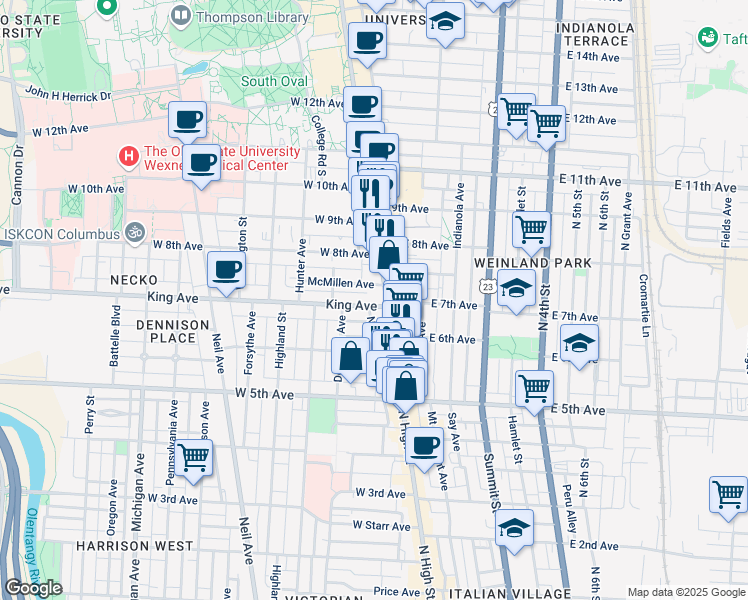 map of restaurants, bars, coffee shops, grocery stores, and more near 29 King Avenue in Columbus