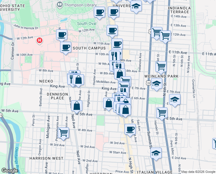 map of restaurants, bars, coffee shops, grocery stores, and more near 103 King Avenue in Columbus