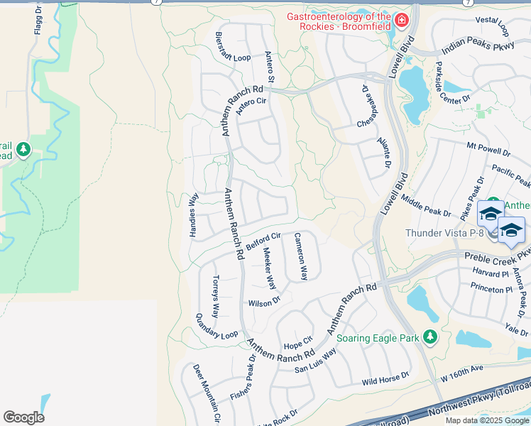 map of restaurants, bars, coffee shops, grocery stores, and more near 16224 Cirque Mountain Way in Broomfield