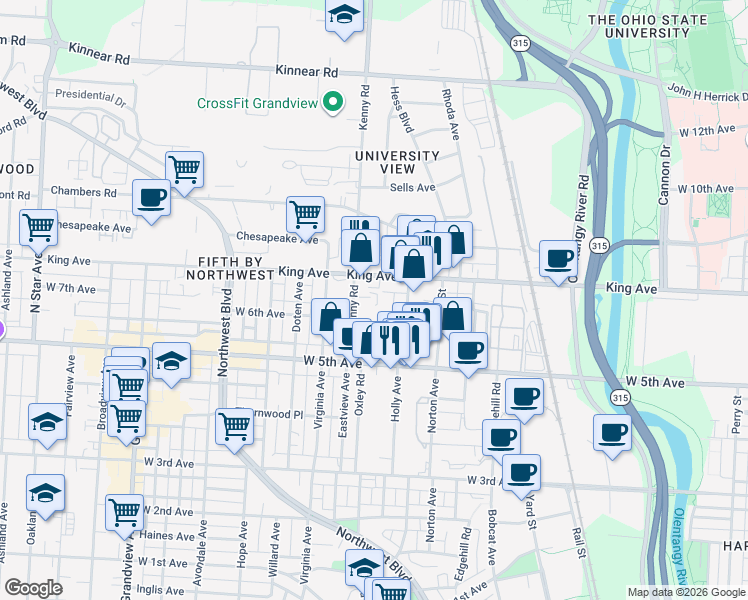 map of restaurants, bars, coffee shops, grocery stores, and more near 1497-1501 Gerrard Avenue in Columbus
