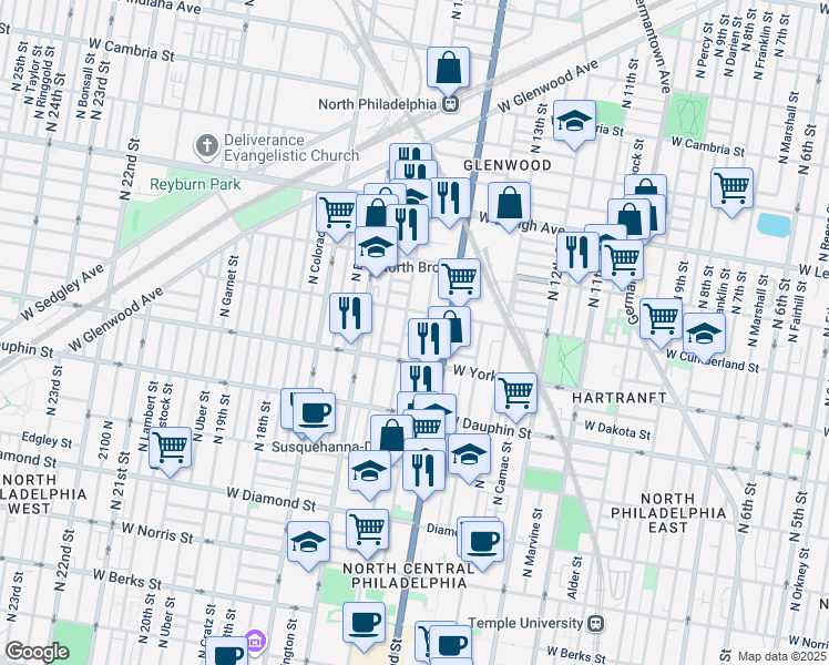 map of restaurants, bars, coffee shops, grocery stores, and more near 1433 West Hagert Street in Philadelphia
