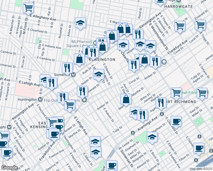 map of restaurants, bars, coffee shops, grocery stores, and more near 2025 East Monmouth Street in Philadelphia