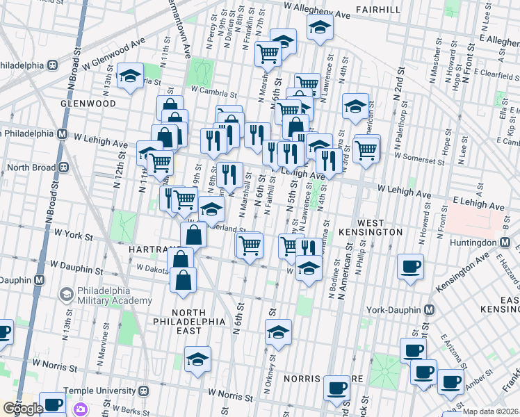 map of restaurants, bars, coffee shops, grocery stores, and more near 2549 North 6th Street in Philadelphia