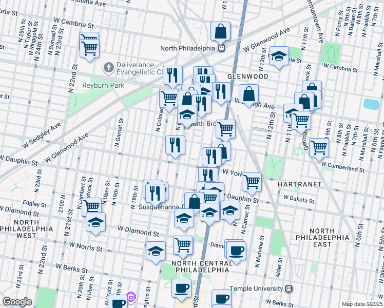 map of restaurants, bars, coffee shops, grocery stores, and more near 2427 North Sydenham Street in Philadelphia