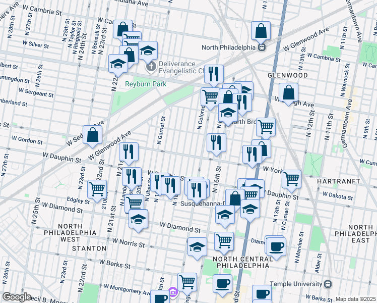 map of restaurants, bars, coffee shops, grocery stores, and more near 2408 North Bouvier Street in Philadelphia