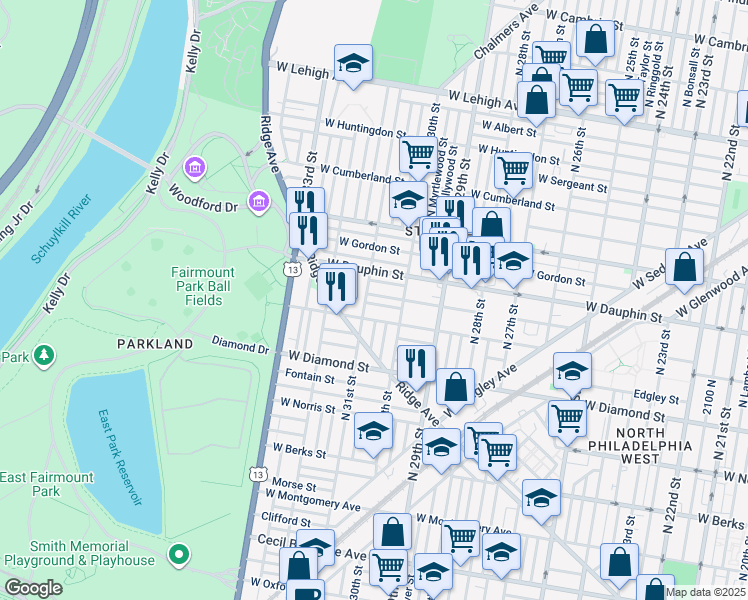 map of restaurants, bars, coffee shops, grocery stores, and more near 3043 West Colona Street in Philadelphia