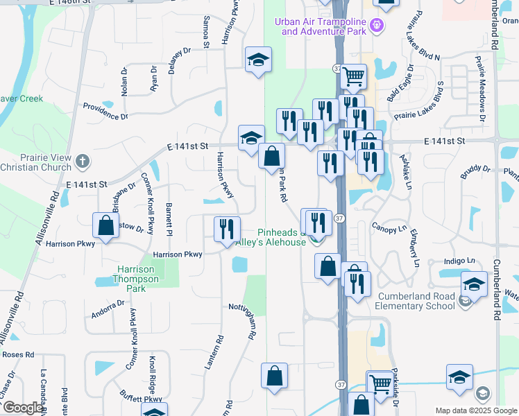 map of restaurants, bars, coffee shops, grocery stores, and more near 13943 Wakefield Place in Fishers