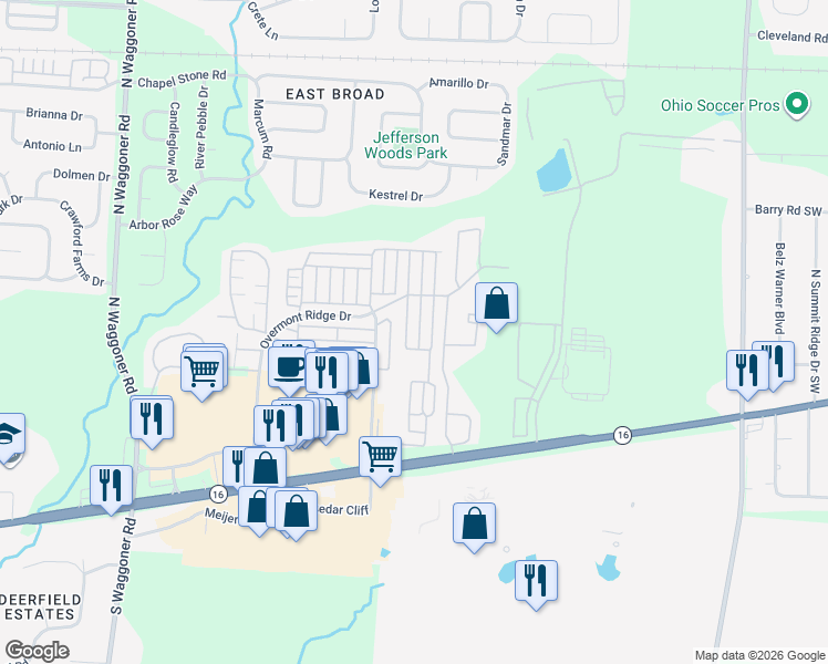 map of restaurants, bars, coffee shops, grocery stores, and more near 215 Oxford Oak Drive in Blacklick