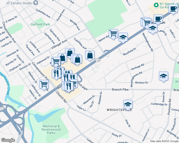 map of restaurants, bars, coffee shops, grocery stores, and more near 1411 Siena Drive in Cinnaminson