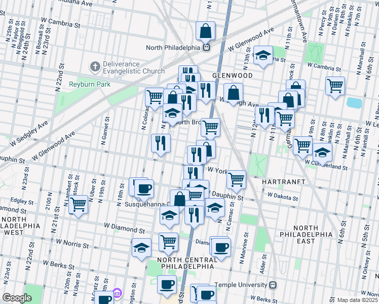 map of restaurants, bars, coffee shops, grocery stores, and more near 1433 West Hagert Street in Philadelphia