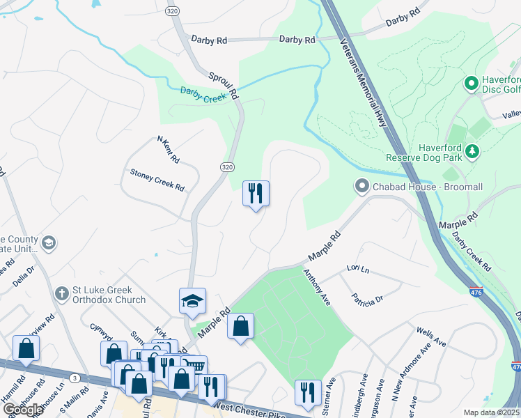 map of restaurants, bars, coffee shops, grocery stores, and more near 218 Foxcroft Road in Broomall