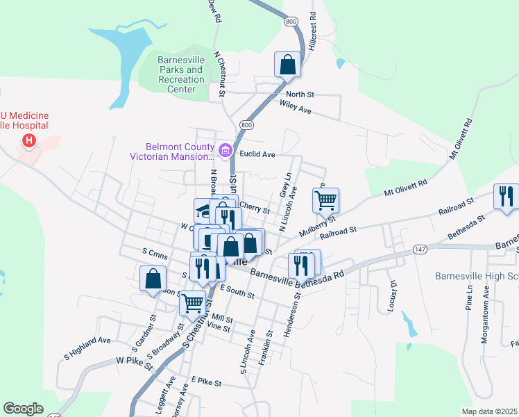 map of restaurants, bars, coffee shops, grocery stores, and more near Cherry Street in Barnesville