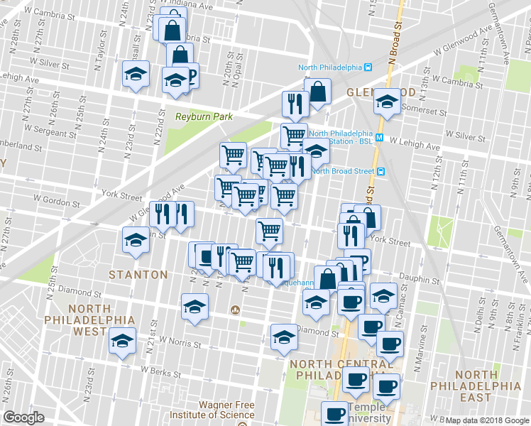 map of restaurants, bars, coffee shops, grocery stores, and more near 2410 North Bouvier Street in Philadelphia