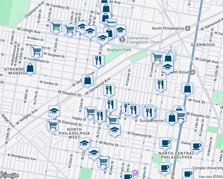 map of restaurants, bars, coffee shops, grocery stores, and more near 2355 North Lambert Street in Philadelphia