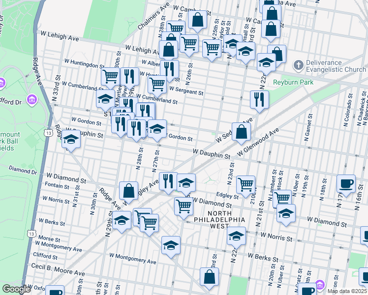 map of restaurants, bars, coffee shops, grocery stores, and more near 2535 West Dauphin Street in Philadelphia
