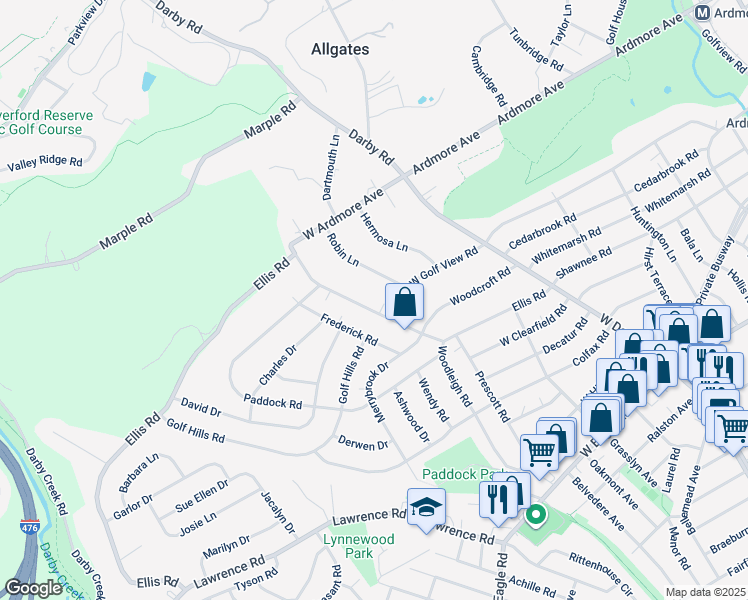 map of restaurants, bars, coffee shops, grocery stores, and more near 232 Ellis Road in Havertown